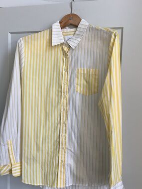 The Shirt by Rochelle Behrens Yellow & White Striped Button-Down Blouse